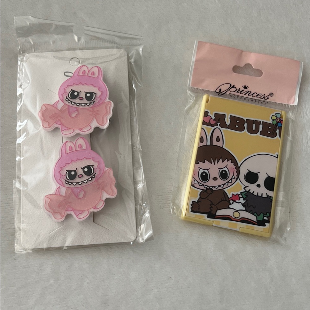 Labubu hair clips, and pocket mirror (D)